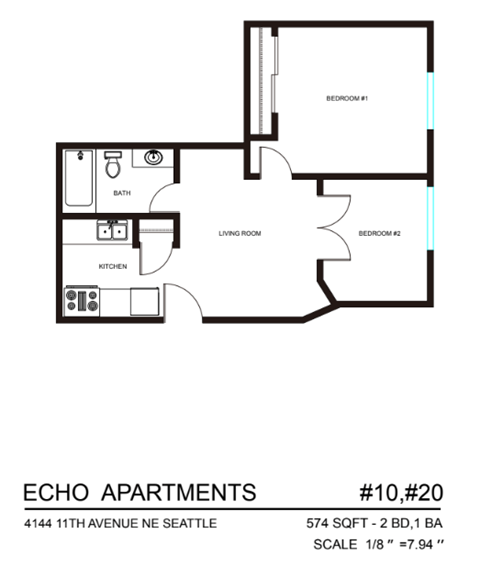 Floor plan for 2 beds, 1 bath, 424 sqft